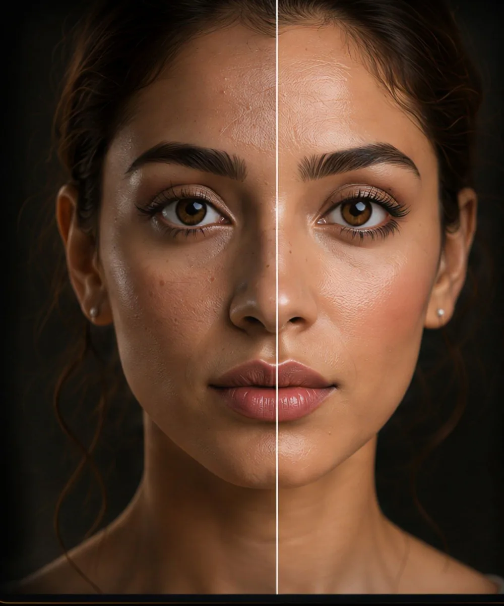 Portrait split showing before and after AI enhancement